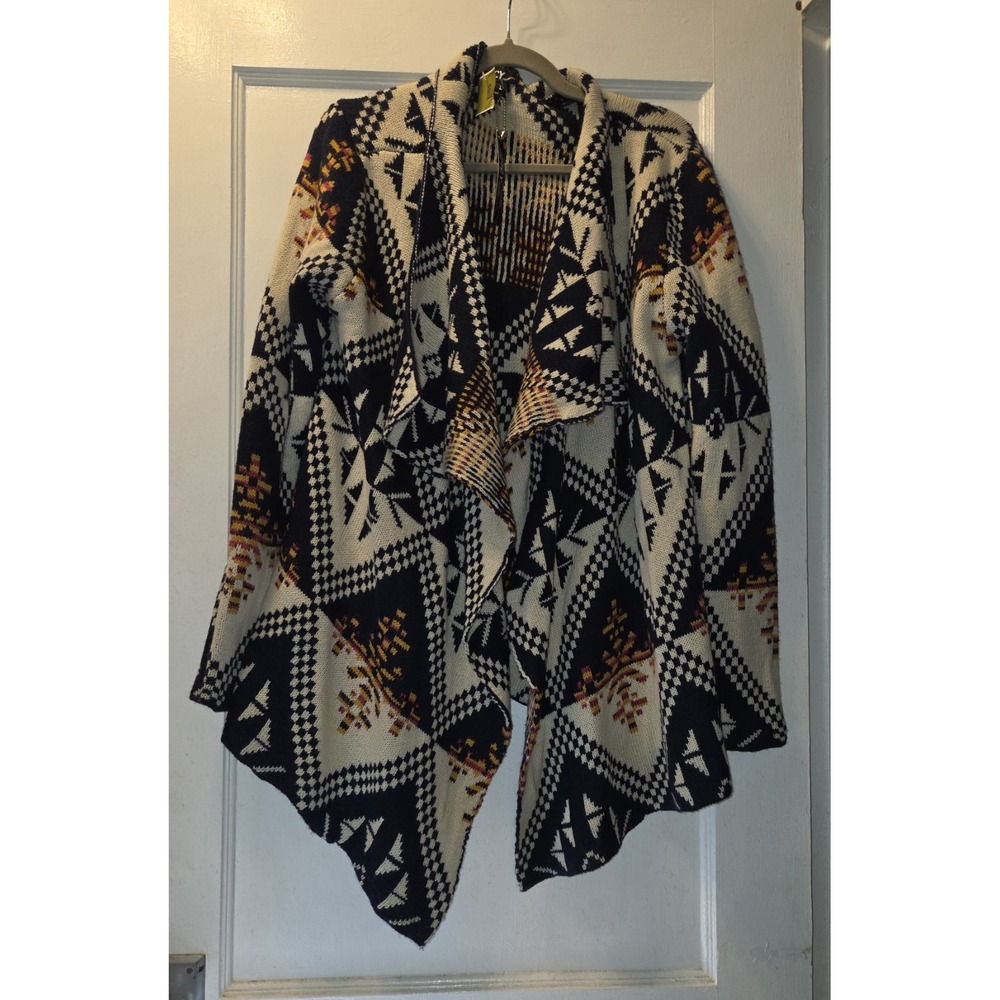ICY Womens Cardigan Open Front Fair Isle Print. Geometric Design. Large